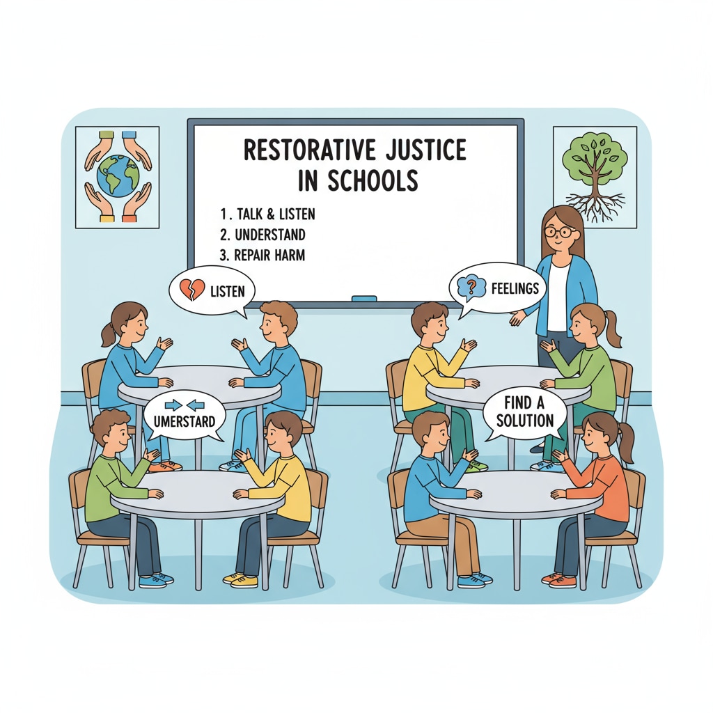A classroom scene where students are sitting in pairs, having calm conversations about how to resolve a conflict. This shows an example of age-appropriate restorative justice activities in a school. Classroom setting with students practicing restorative justice activities in K12 education