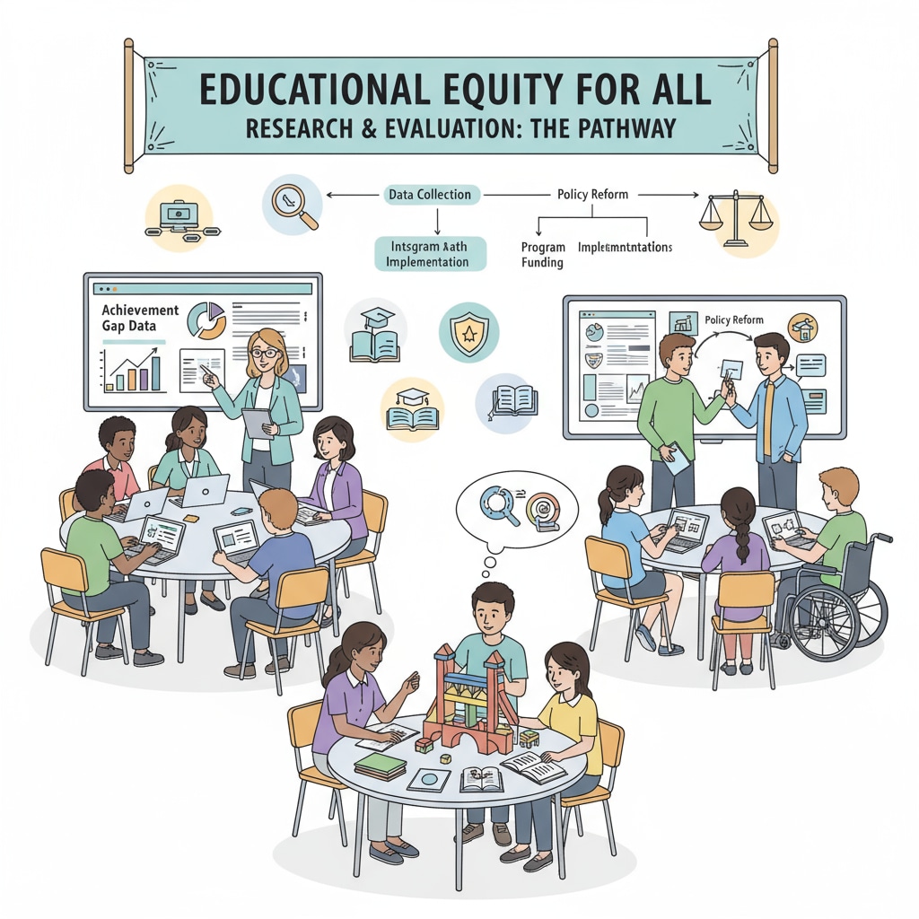 An illustration shows students from various backgrounds actively participating in learning activities, which is related to the pursuit of educational equality in K12 education with the help of research and evaluation. Research and evaluation in K12 education for educational equality