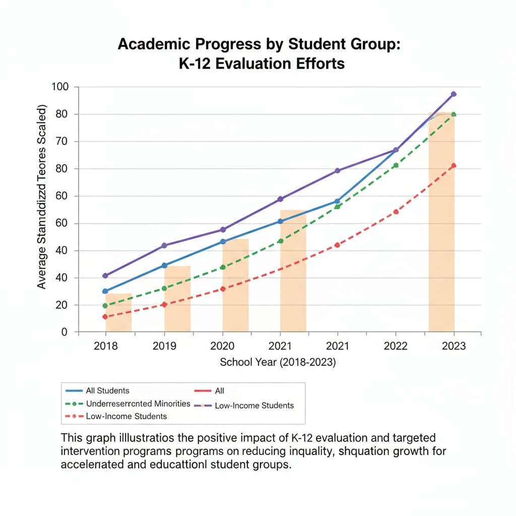 A graph shows the academic progress of different student groups, which is a result of evaluation efforts in K12 education related to reducing educational inequality. Evaluation in K12 education for reducing educational inequality