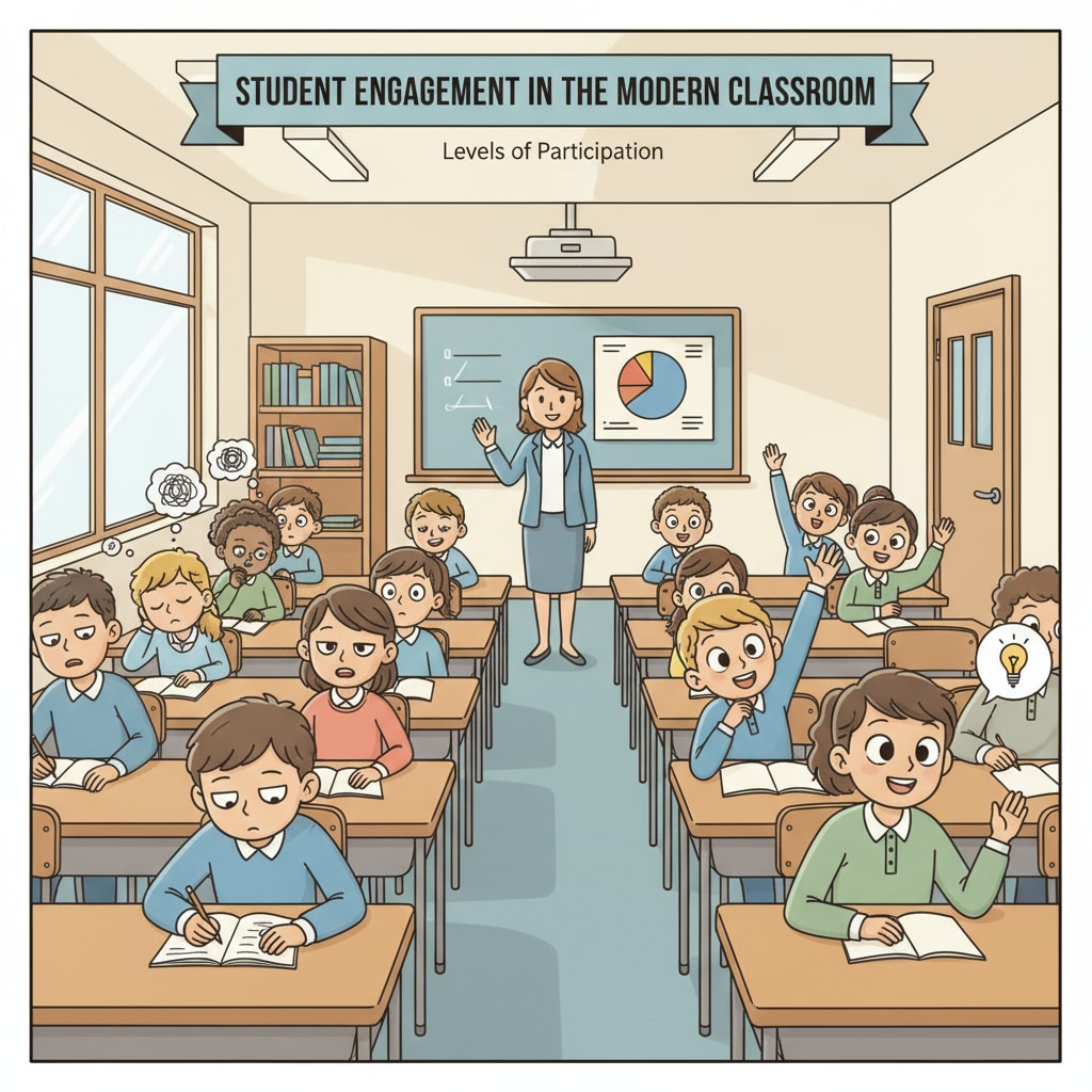 A classroom scene with students sitting in rows, some looking bored and some looking eager, representing the different levels of student engagement in the current education system Classroom scene showing different levels of student engagement related to education system, class stratification, and student engagement