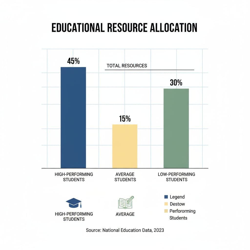 A graph depicting the unequal distribution of educational resources among different student groups, with the middle group having the least share Graph showing unequal resource distribution among student groups relevant to education system, class stratification, and student engagement