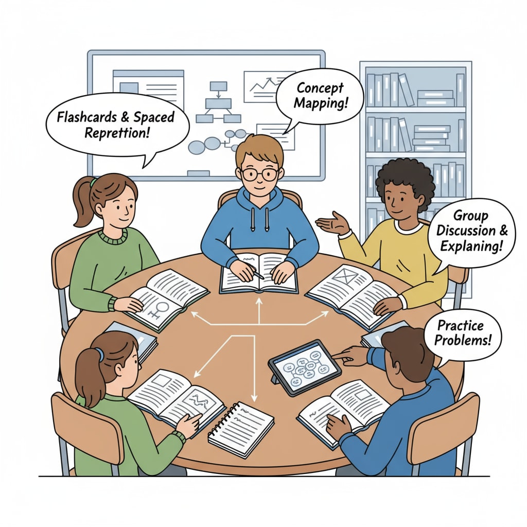 A group of high school students are sitting around a table, discussing various learning methods, with books and notebooks in front of them. High school students discussing learning methods