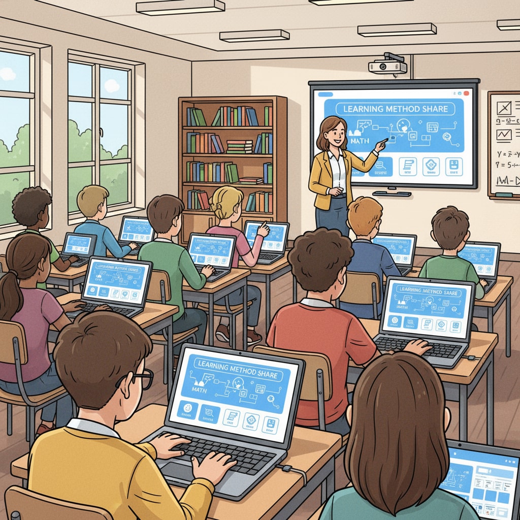 Students are sitting in a classroom, using their laptops to access the learning method sharing platform, with focused expressions on their faces. Students accessing the learning method sharing platform