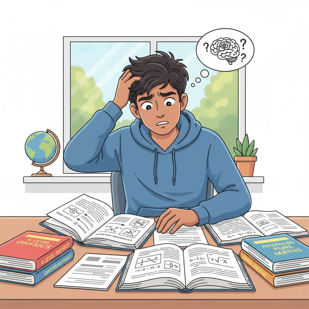 A young student sitting at a desk, looking confused at A-level textbooks A 17-year-old student confused about A-level courses