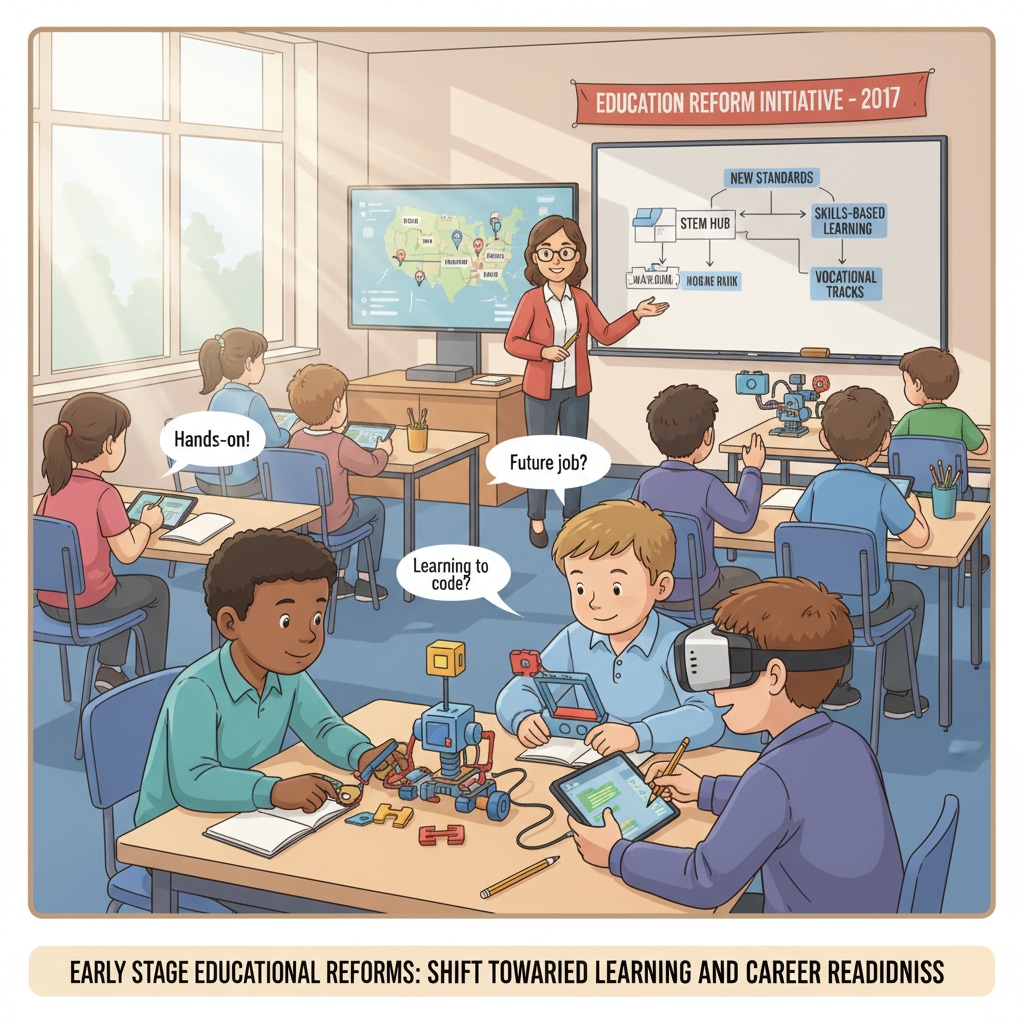 A classroom setting with students engaged in learning activities, representing the starting point of educational reforms under the Trump administration. This image shows the initial stage where educational policies start to have an impact on students. Classroom scene at the start of Trump administration's education reforms