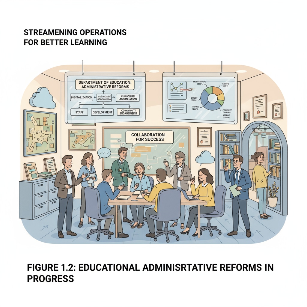 An office environment with people discussing administrative matters related to the Department of Education. This image depicts the administrative reforms taking place within the department. Office scene of administrative reforms in the Department of Education