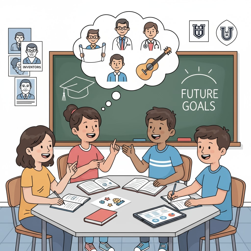 A group of students are sitting around a table in a classroom, engaged in a lively discussion about their future career aspirations. Students discussing career plans in a classroom setting related to career planning, dream jobs, and employment dilemmas