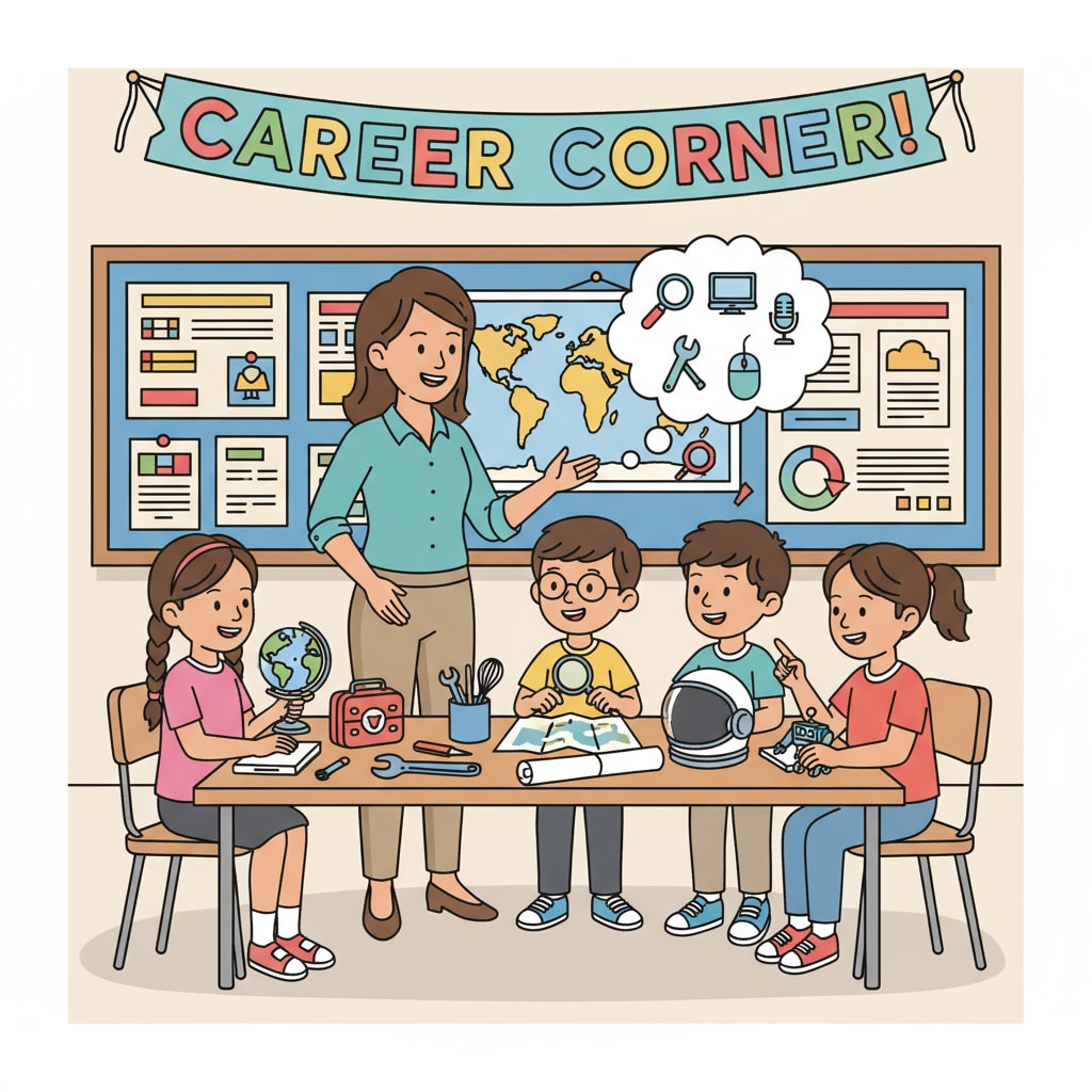 A teacher is standing in front of a group of students, guiding them through a hands-on career exploration activity, with various materials and resources laid out on the table. Teacher guiding students in a career exploration activity relevant to career planning, dream jobs, and employment dilemmas