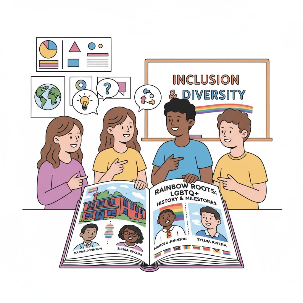 Students in a classroom discussing an educational resource about LGBTQ+ history Students in a military school classroom discussing an educational resource related to LGBTQ+ under the protection of the First Amendment