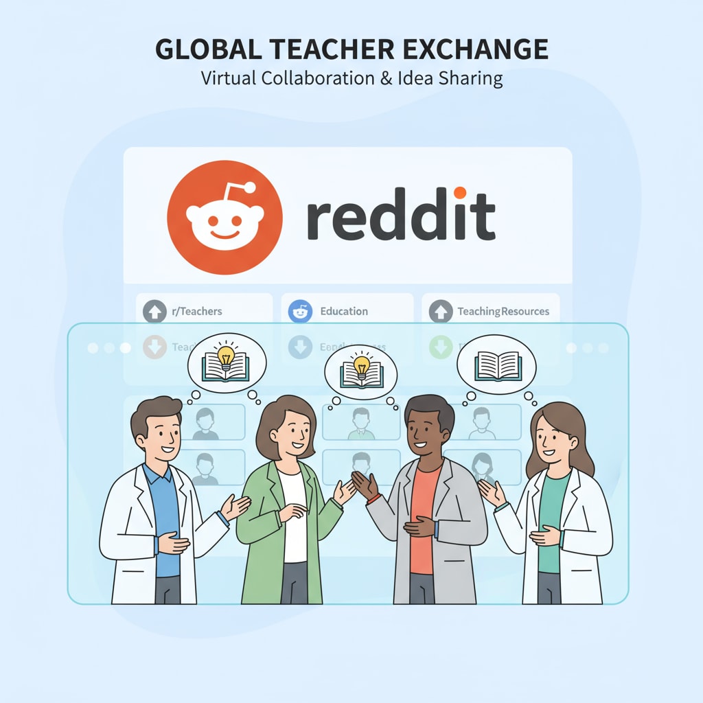 An illustration showing a group of teachers chatting and sharing ideas on a virtual platform with Reddit's logo in the background, representing the interaction within Reddit's education community. Community rules, educational subreddits, and posting guidelines in Reddit's education community for K12 teachers