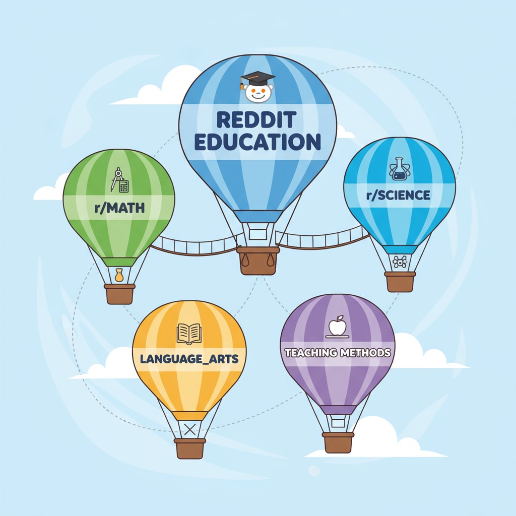A graphic presenting different educational subreddits on Reddit, with labels like Math, Science, Language Arts, and Teaching Methods. Visual display of educational subreddits relevant to Reddit's education community for K12 teachers