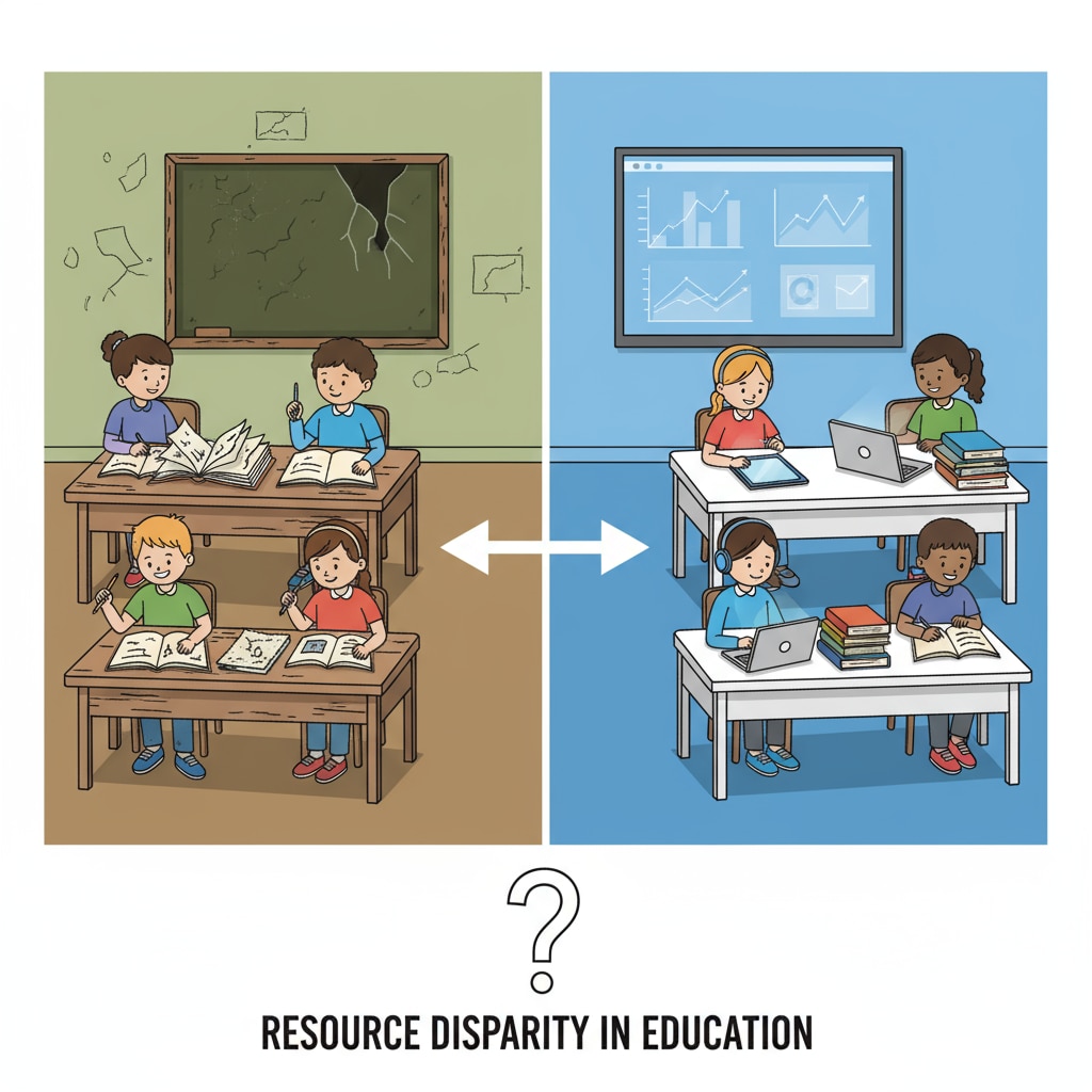 A classroom scene depicting the contrast in resources available to students from different social classes. Some students are sitting at old desks with few books, while others are using modern technology. Classroom scene highlighting resource differences related to social class in US K12 education