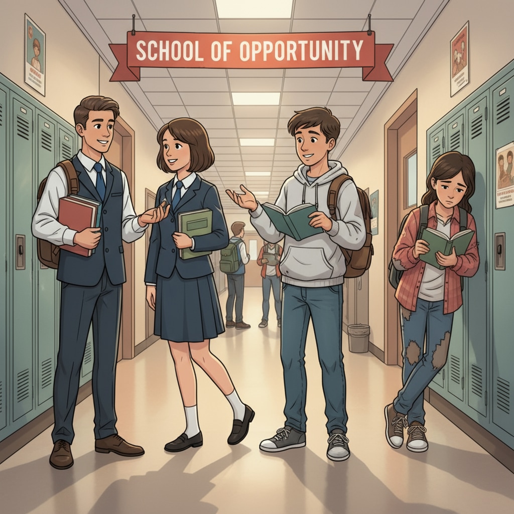 A group of students in a school hallway, with their clothing and body language indicating different social classes. Students in a school hallway representing various social classes in US K12 education