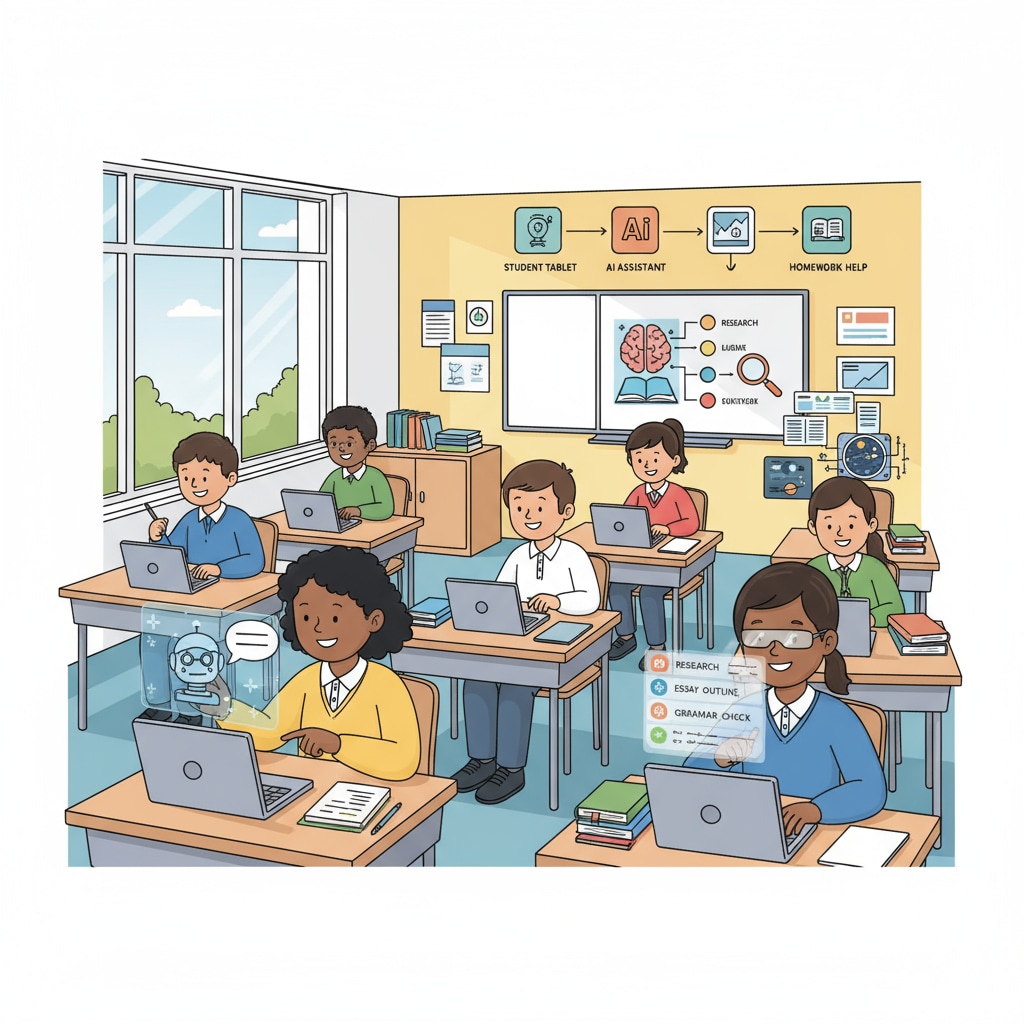 A classroom scene where students are using AI tools on their devices to complete homework tasks. Students using AI for homework in an educational setting related to AI, homework, and grade inflation