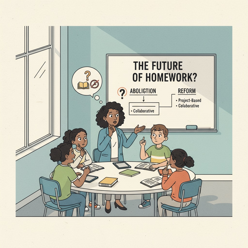 A teacher and students engaged in a discussion about the possible abolition of homework, with expressions of curiosity and concern on their faces. Teacher-student discussion about abolishing homework in the context of AI, homework, and grade inflation