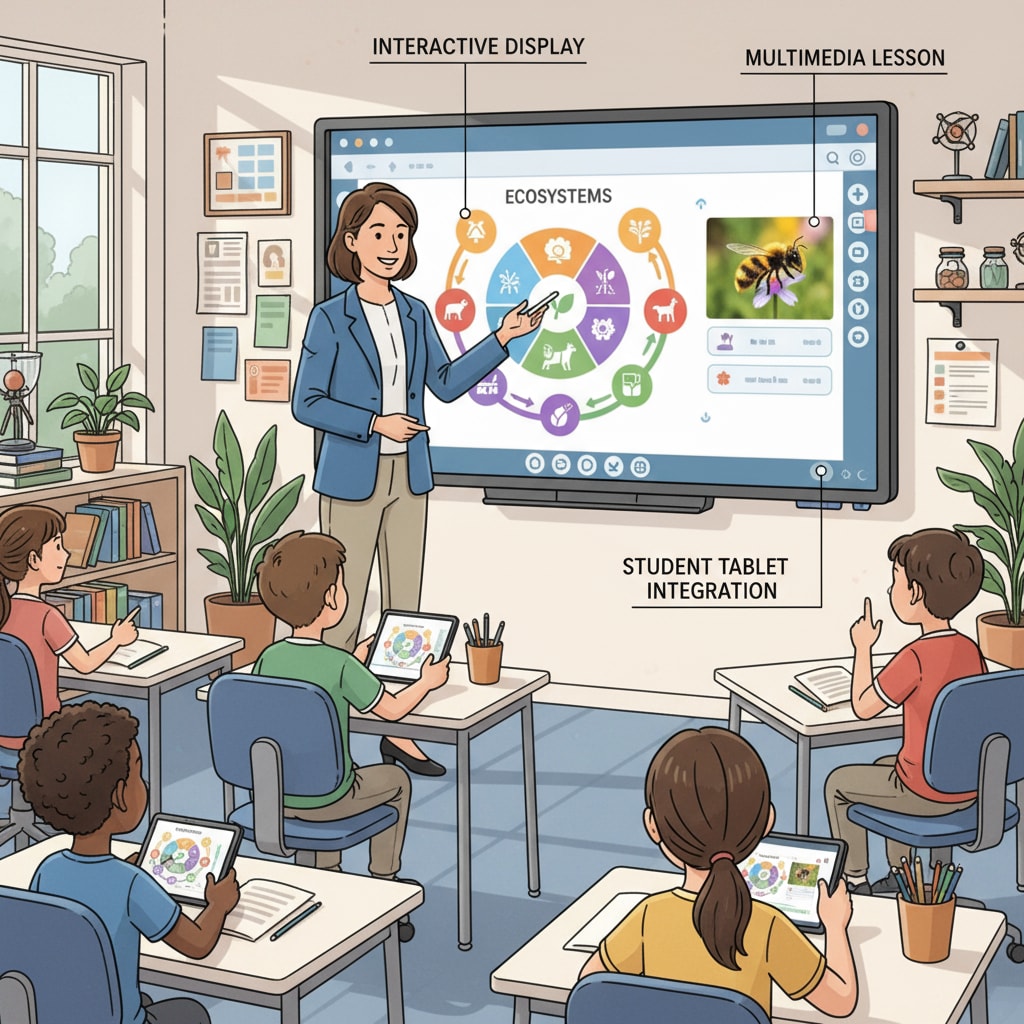 A teacher using an interactive whiteboard to display multimedia content, demonstrating modern teaching tools. Modern teaching tools in use