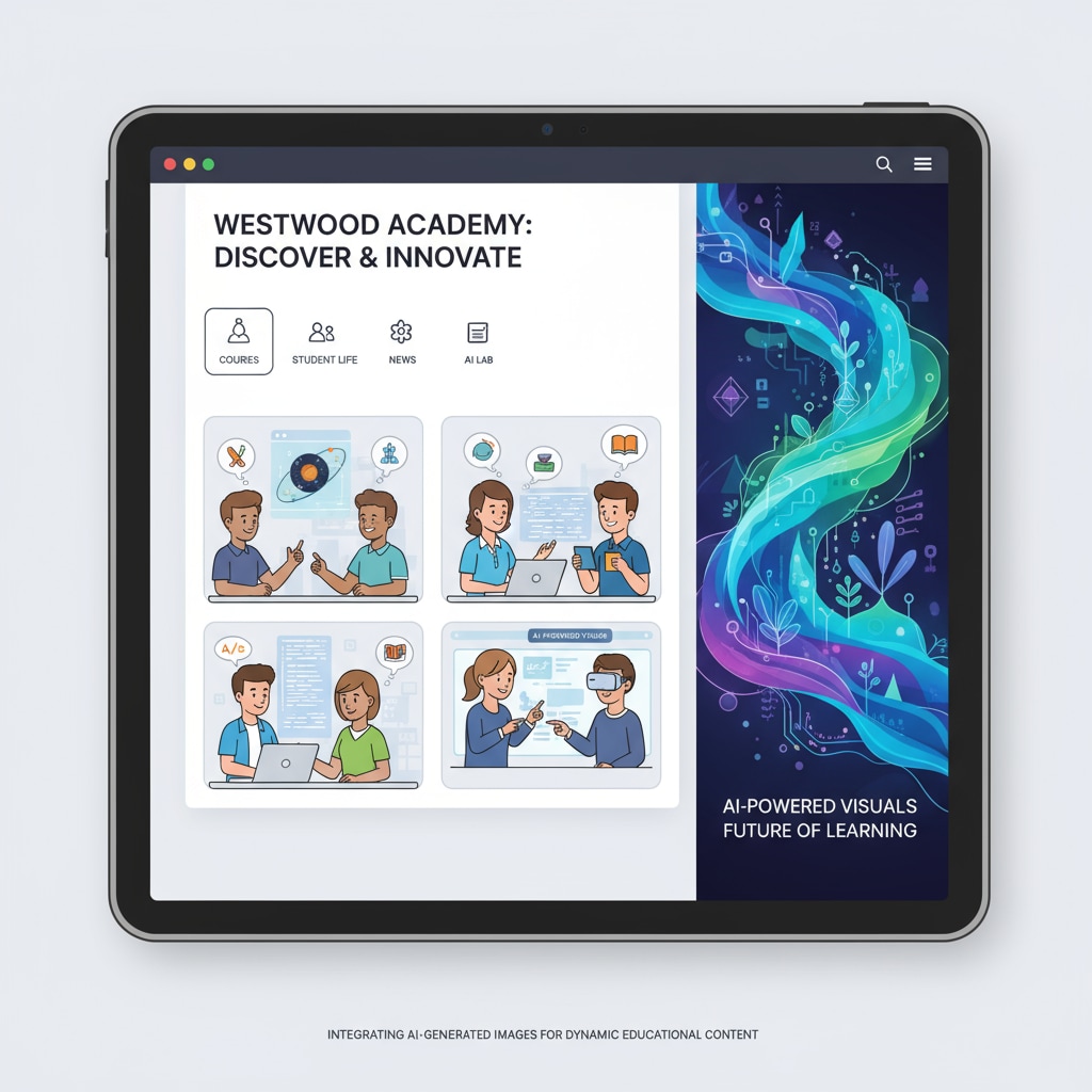 An illustration shows students engaged in various learning activities on a high school website, with an AI-generated image in the background. This represents the integration of AI-generated images into high school websites. High school website with AI-generated image of students learning