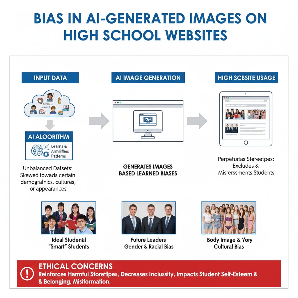 A diagram shows how biases can be introduced in AI-generated images used on high school websites, highlighting the ethical concerns. Diagram of potential biases in AI-generated images for high school websites