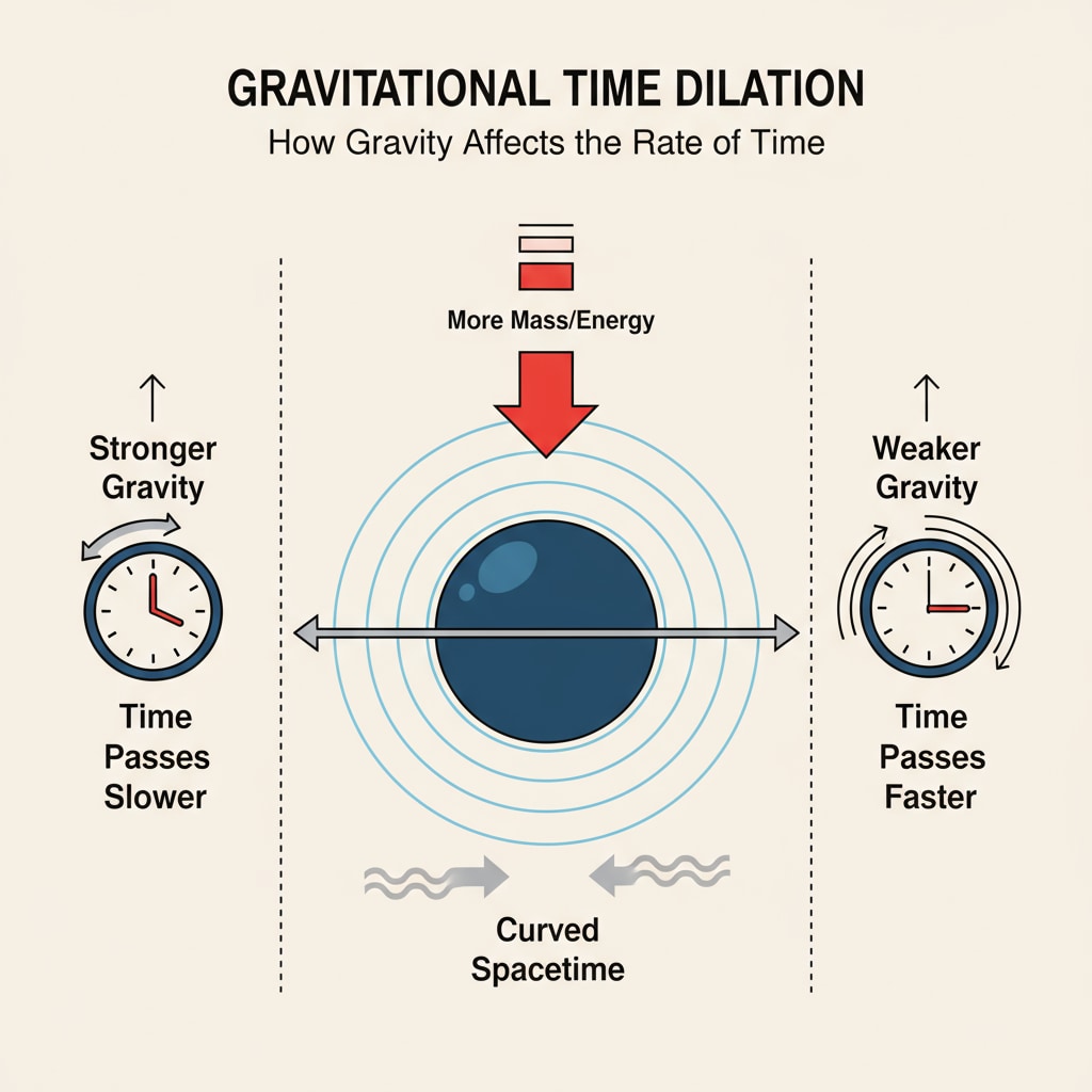 A simple diagram that shows how time passes at different rates in areas with different gravitational strengths. It uses arrows and basic shapes to represent the concept. Diagram showing time bending due to different gravitational fields