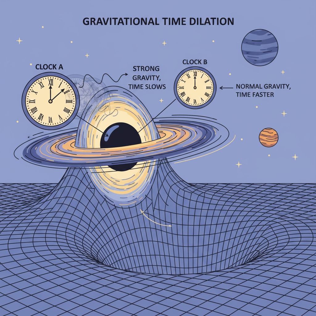 A visual representation of how a strong gravitational field, like that of a black hole, warps the passage of time. It shows a clock near a black hole running slower compared to a clock in a normal gravitational environment. Visualization of gravity affecting the passage of time