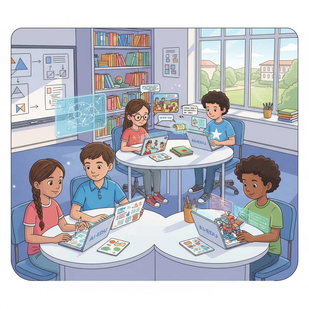 Students are using tablets with educational apps powered by AI. They are engaged in various learning activities, such as solving math problems and reading interactive stories. Students using AI-powered learning tools in a classroom