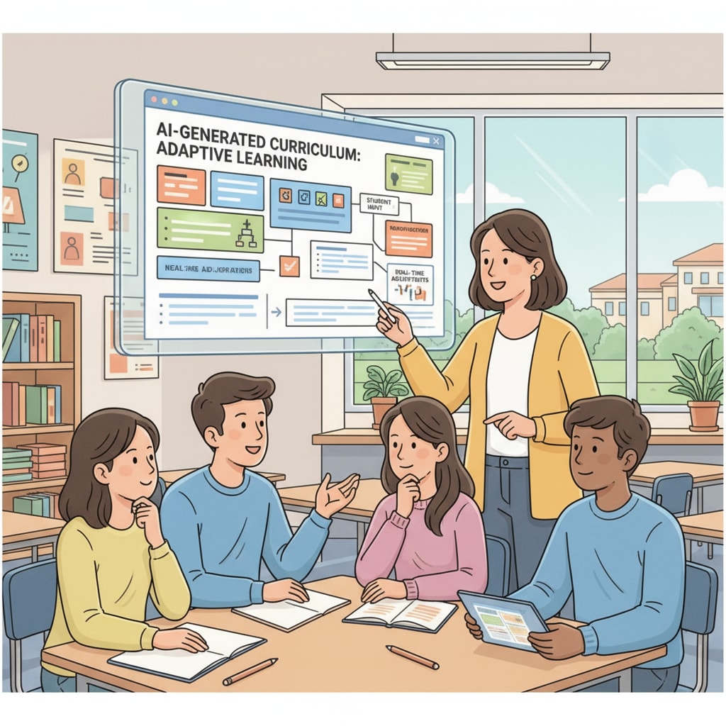 A teacher and students are looking at a digital lesson plan generated by AI. They are discussing the content and how it can be adjusted to meet the students' needs. Teacher and students discussing an AI-generated lesson plan