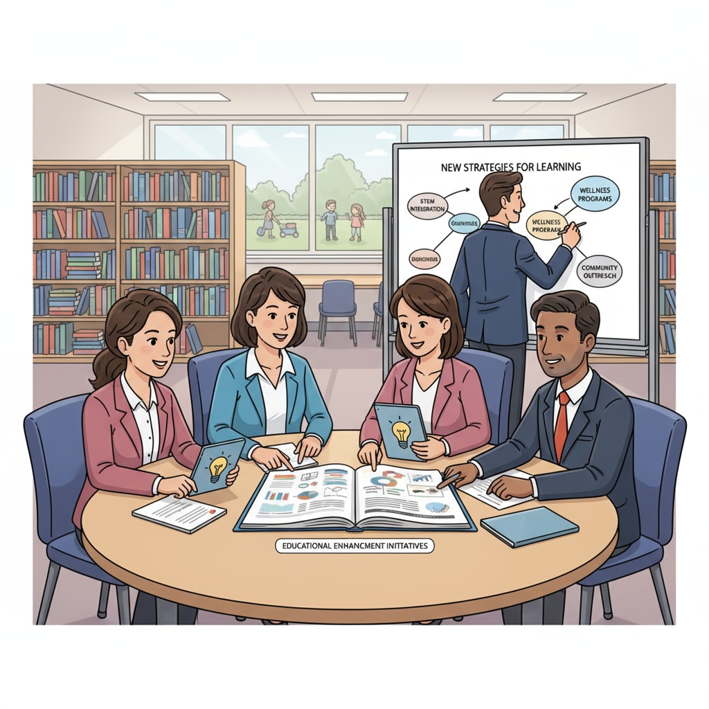 A group of educators and administrative staff collaborating in a school setting, discussing plans and sharing ideas to improve the educational environment. School district HR supervisor overseeing staff collaboration related to scope of duties and parent interaction