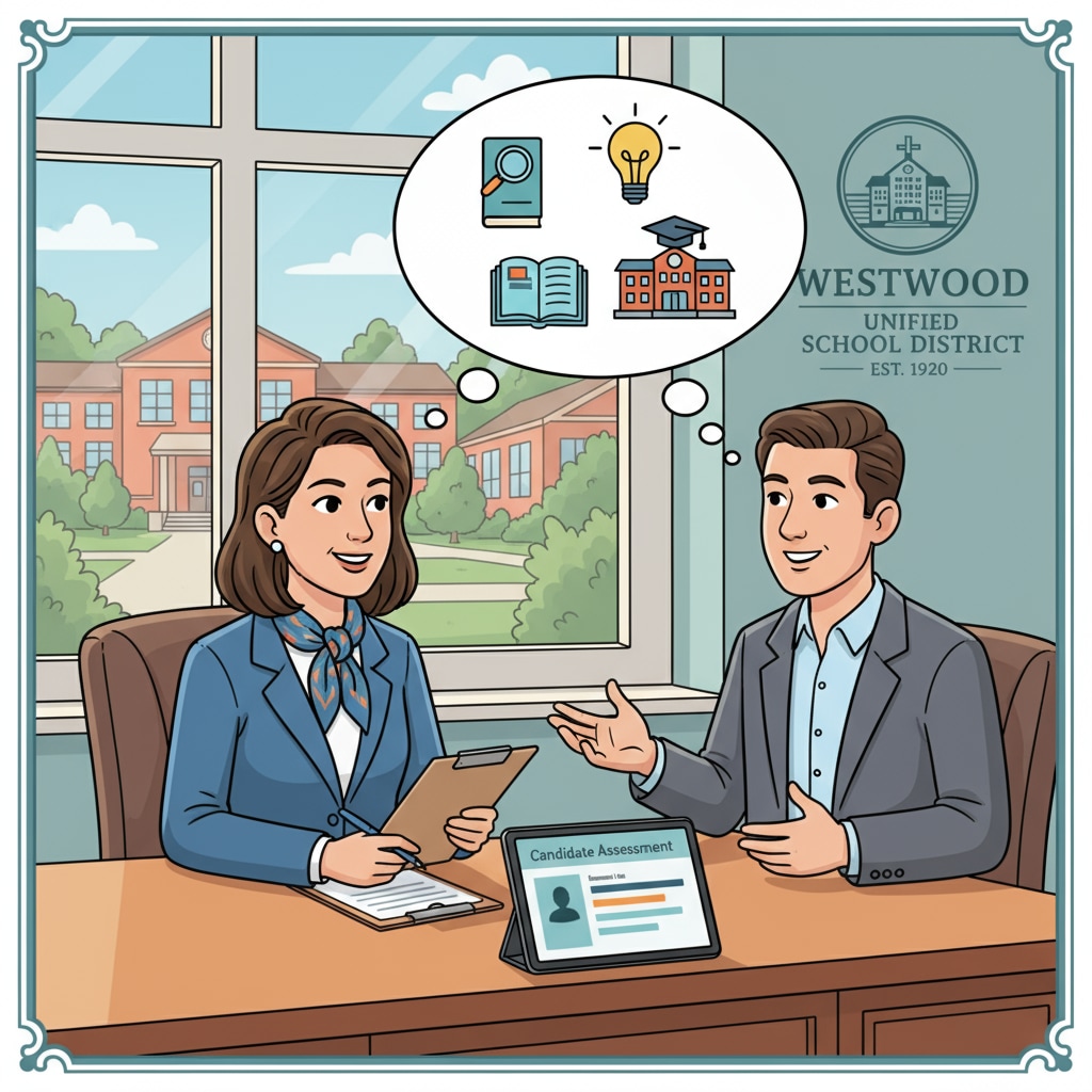 A school district HR supervisor conducting an interview with a potential candidate, evaluating their skills and suitability for a position within the district. School district HR supervisor fulfilling recruitment duties as part of scope of duties and parent interaction