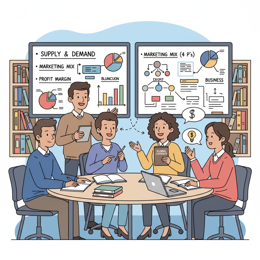 Business students discussing ideas in a classroom related to business courses, higher education, and career planning