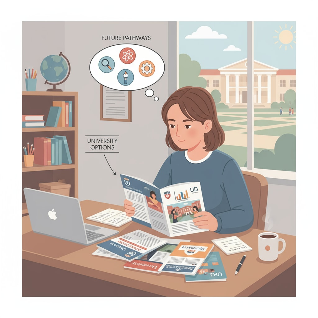 Student looking at university brochures for business courses, higher education, and career planning