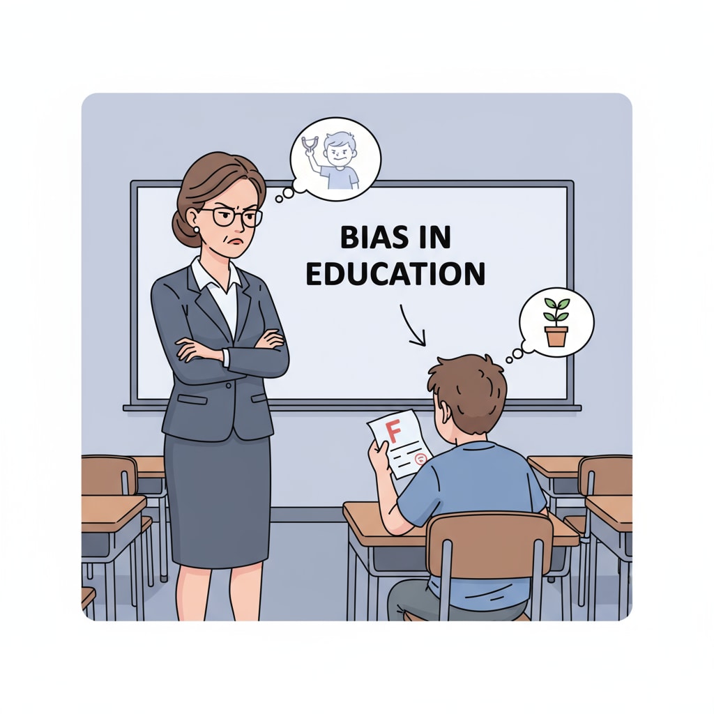 A classroom scene where a teacher is looking at a student with a judgmental expression. This shows how a teacher's initial bias can be visible in their demeanor. A teacher showing bias towards a student in a classroom