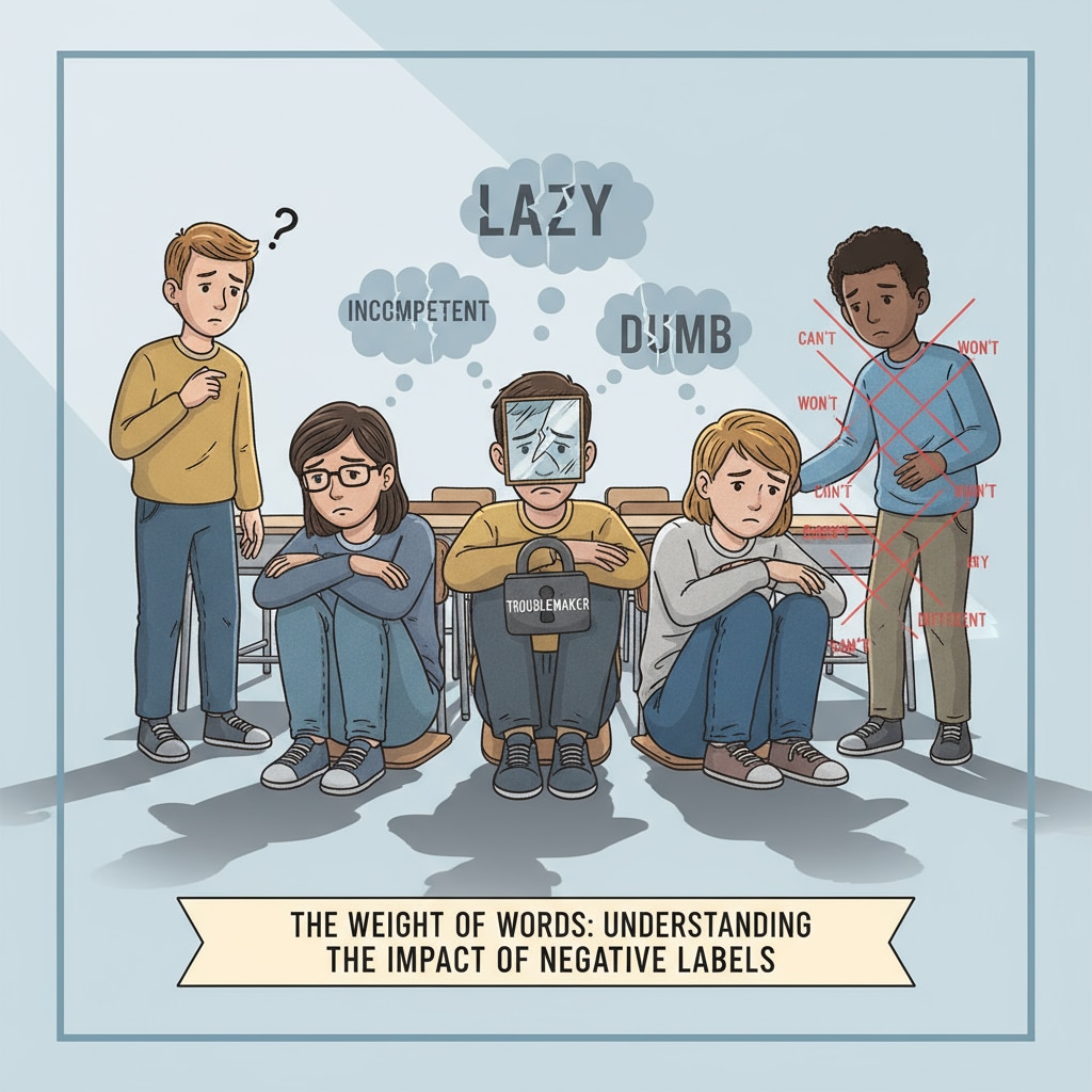 A group of students with different expressions, some looking discouraged as if affected by negative labels. It visually represents the impact of negative labels on students' mental states. Students being influenced by negative labels