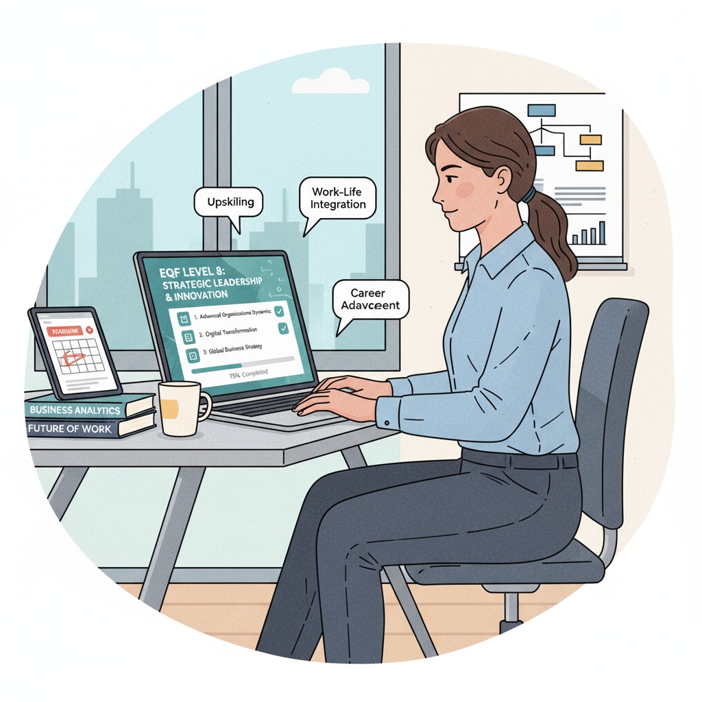 An illustration depicts a full-time worker at a desk, with a laptop showing an EQF 8 online course interface, highlighting the combination of work and online learning. A full-time worker engaged in an EQF 8 online education qualification certification course