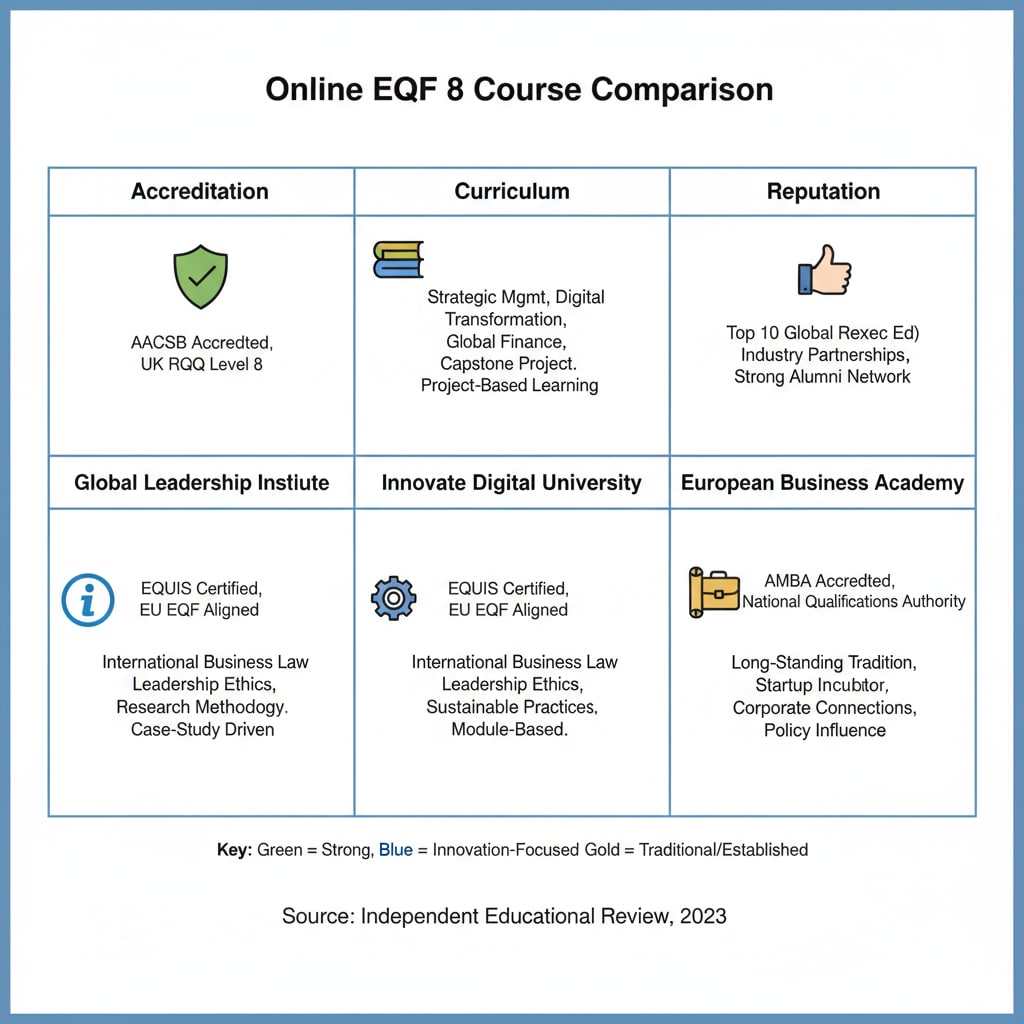 A graphic presents a comparison of different online EQF 8 courses based on accreditation, curriculum, and reputation, assisting in the course selection process. Graphic comparing online EQF 8 courses for qualification certification in terms of important factors