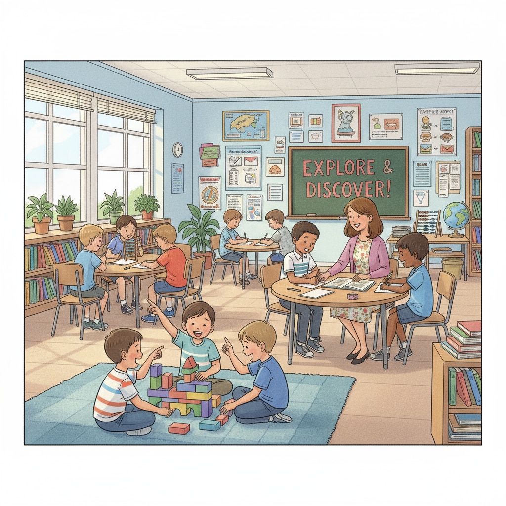 A classroom scene with students and teacher engaged in learning activities, showing a relatively relaxed learning environment before NCLB. Classroom learning before the NCLB Act, highlighting educational freedom and flexibility.