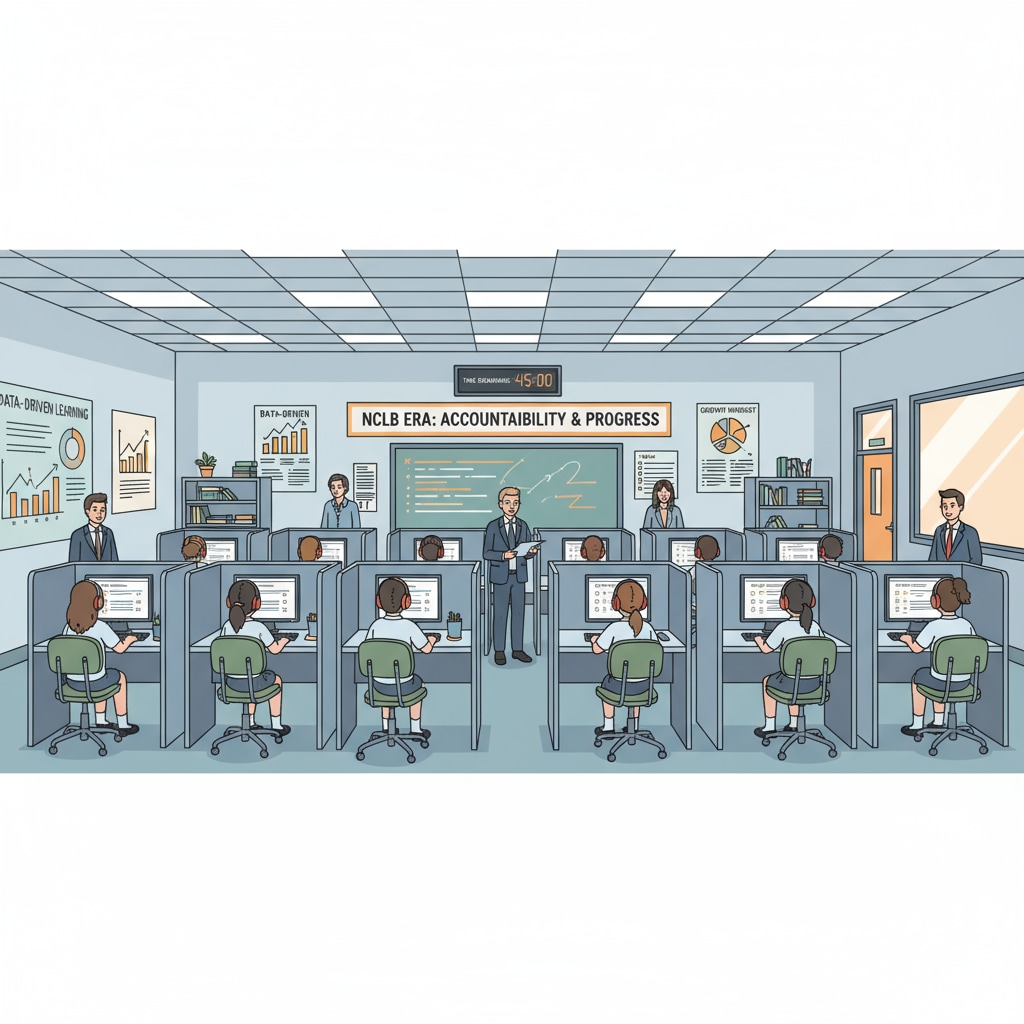 Students taking a standardized test in a classroom, depicting the new testing - centered environment after NCLB. Standardized testing in a classroom under the influence of the NCLB Act, emphasizing educational accountability.