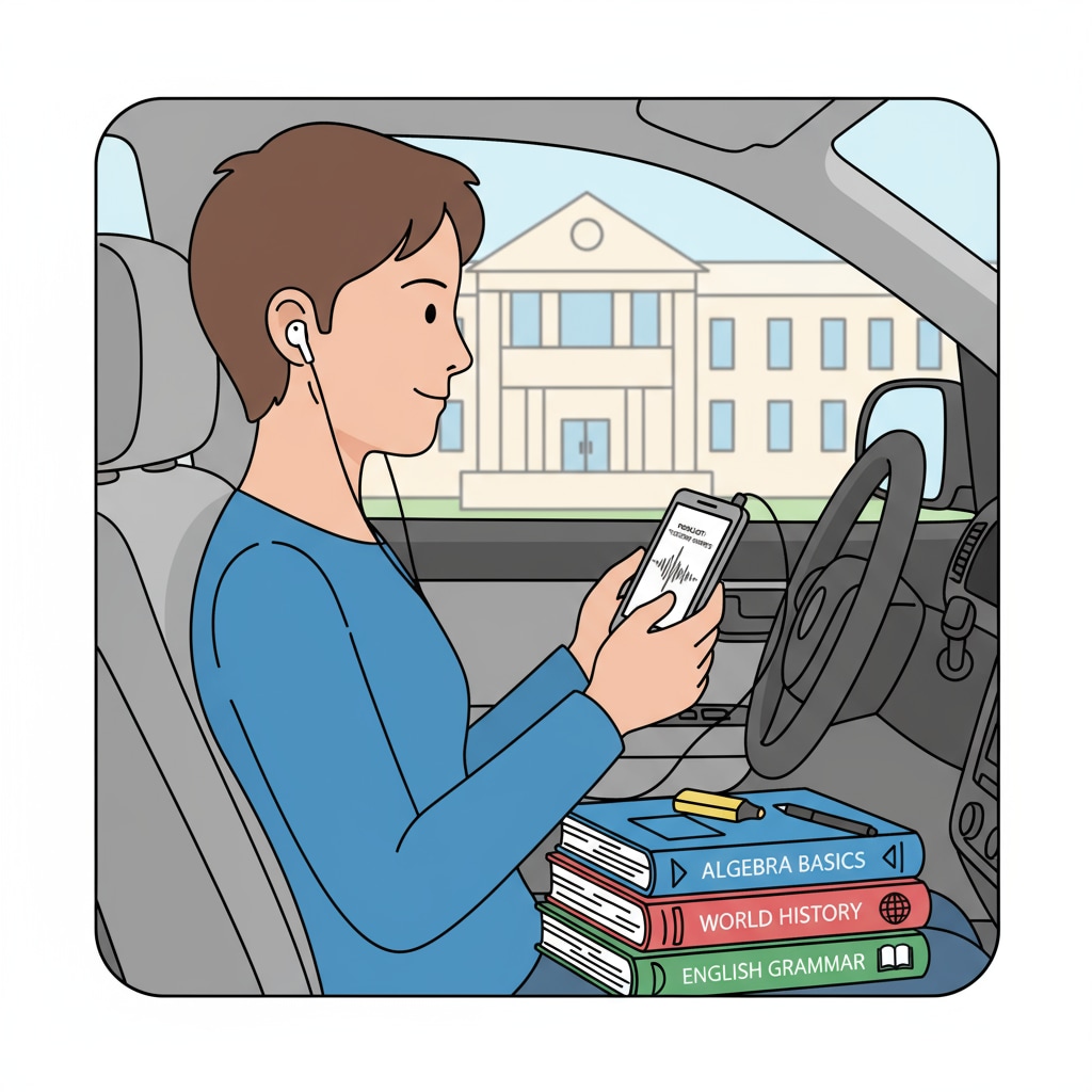 A person is sitting in a car, listening to a podcast on their mobile device while glancing at some basic education textbooks on the passenger seat. An adult with ADHD using a podcast for basic education learning