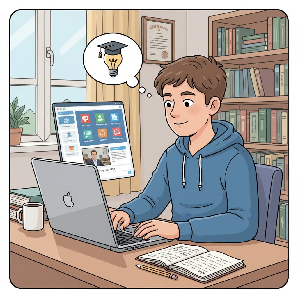 A student is sitting at a desk, using a laptop to engage in an online high school class. The screen shows a course interface with various learning materials. A student studying an online high school course related to credit requirements and diploma attainment