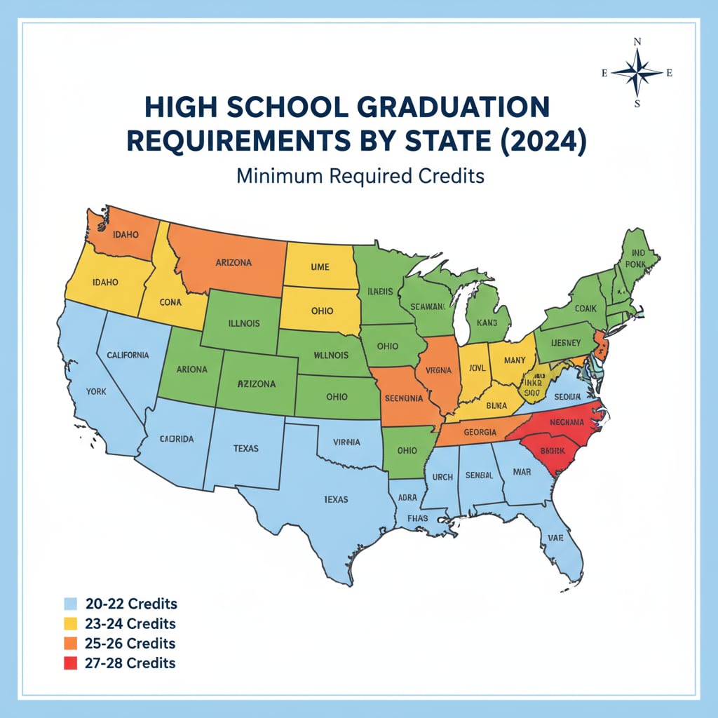 A map of the United States with different colors representing the varying high school credit requirements in each state. Map showing state-by-state differences in high school credit requirements for online high school students