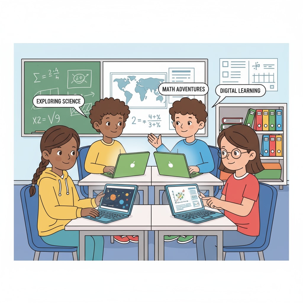 A group of students are using digital devices such as laptops and tablets in a classroom setting, actively exploring educational content related to various subjects. Students exploring educational content in a digital learning environment in a post-pandemic secondary education context