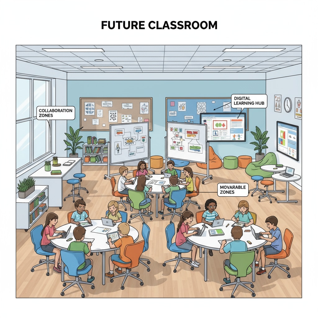 A modern classroom with flexible seating arrangements, including round tables and movable chairs, facilitating group work and digital learning activities. A post-pandemic secondary education classroom with flexible seating for digital learning and group collaboration