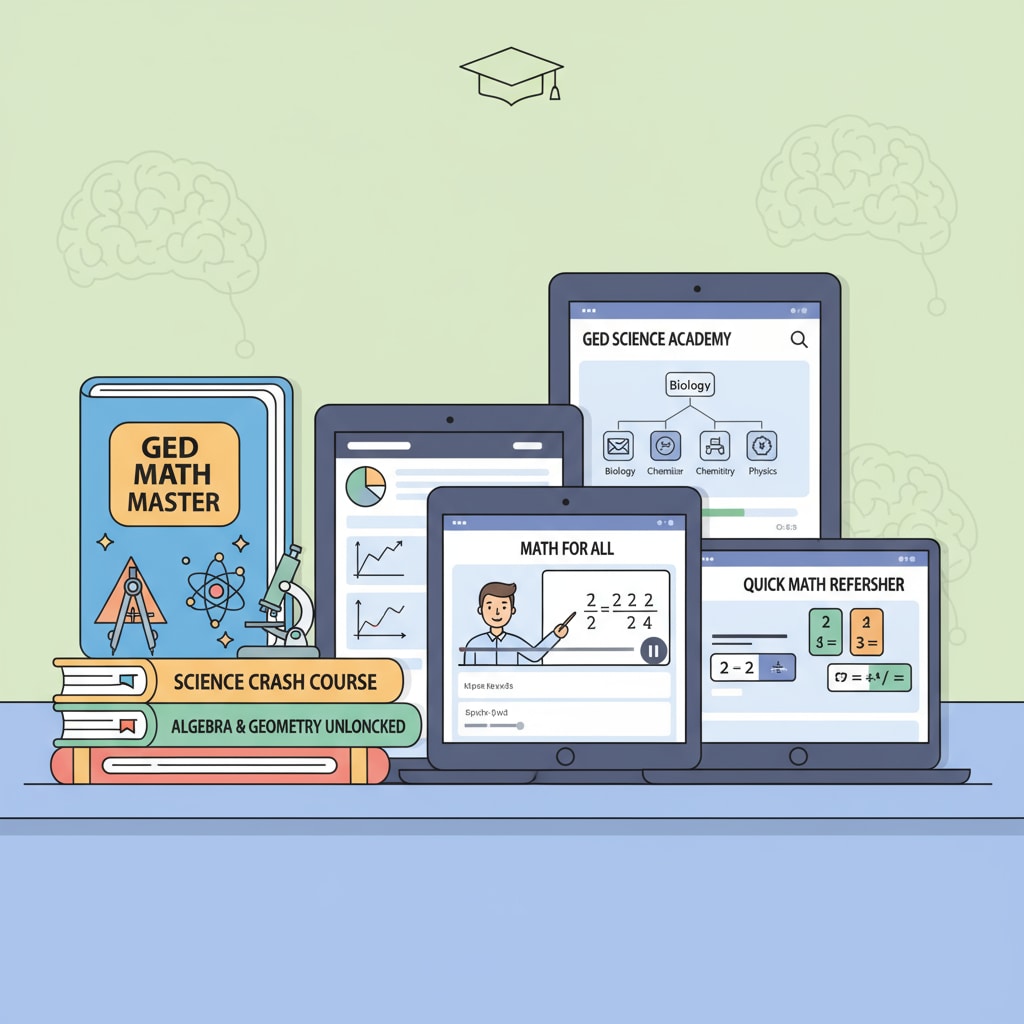 A collection of books and online courses related to GED math and science, showing various titles and interfaces. GED math and science learning resources collection