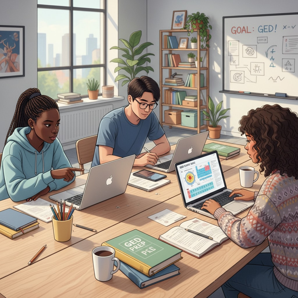 Students studying GED math and science on their laptops, looking focused and engaged. Students studying GED math and science