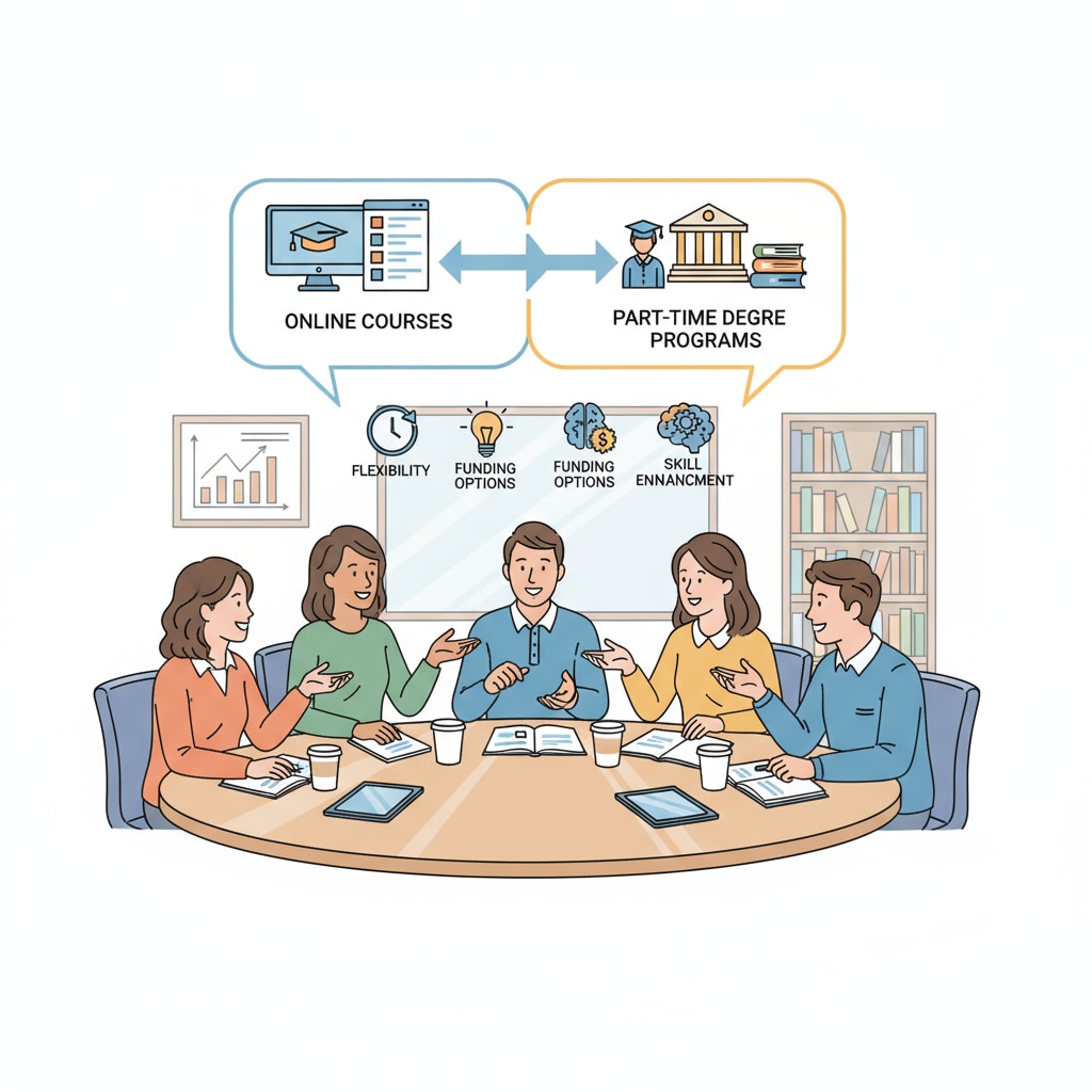 A group of K12 educators are sitting around a table, discussing different education upgrade options like taking online courses or enrolling in part-time degree programs. K12 educators discussing education upgrade, career choices, and educational investment