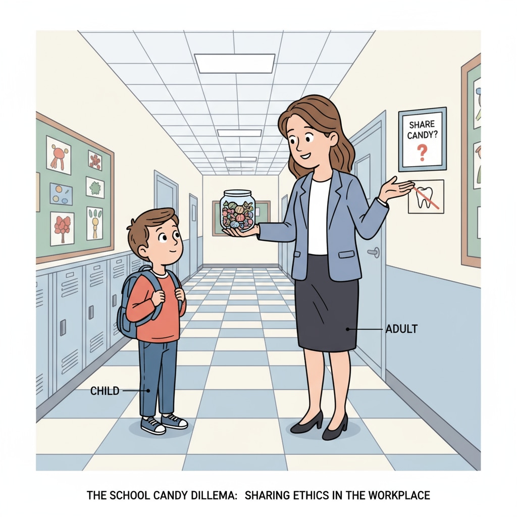 A child and an adult in a school hallway related to workplace relationships, relatives' children, and behavioral boundaries