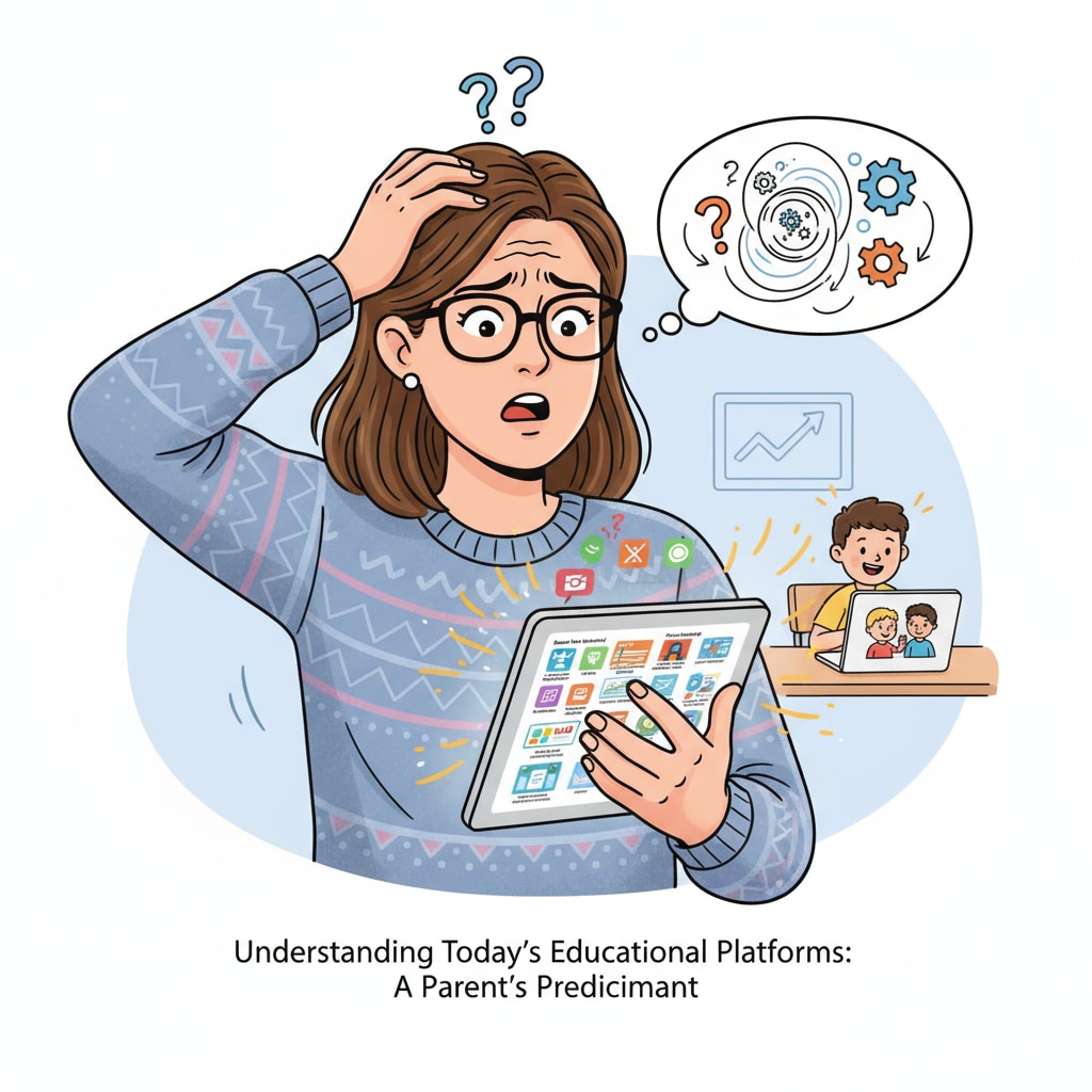A parent is seen looking perplexed as they try to figure out how to use an educational platform on a tablet, highlighting the confusion parents face. A confused parent navigating an educational platform in the context of preschool and home-school communication