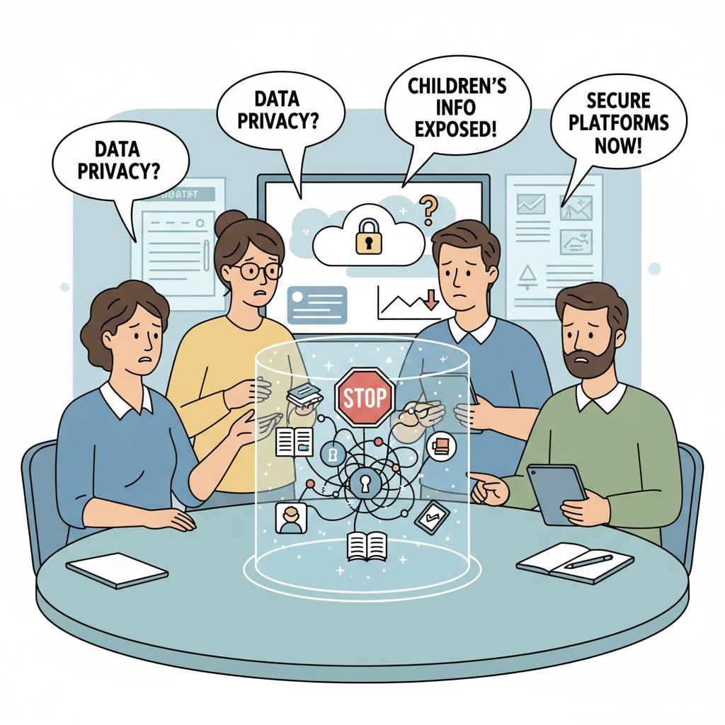 A group of parents are engaged in a serious discussion, expressing their worries about the data security of educational platforms, which is a common concern. Parents discussing concerns about educational platform data security in relation to preschool and home-school communication