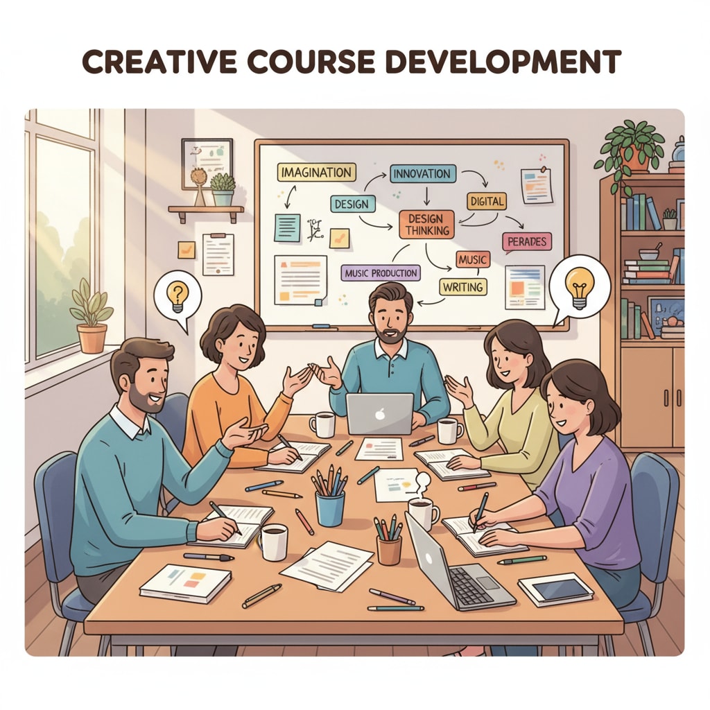 A group of teachers are sitting around a table, discussing and jotting down ideas for creative courses. They have papers and pens in front of them, and there is an air of enthusiasm in the room. Teachers discussing creative course ideas for better student engagement