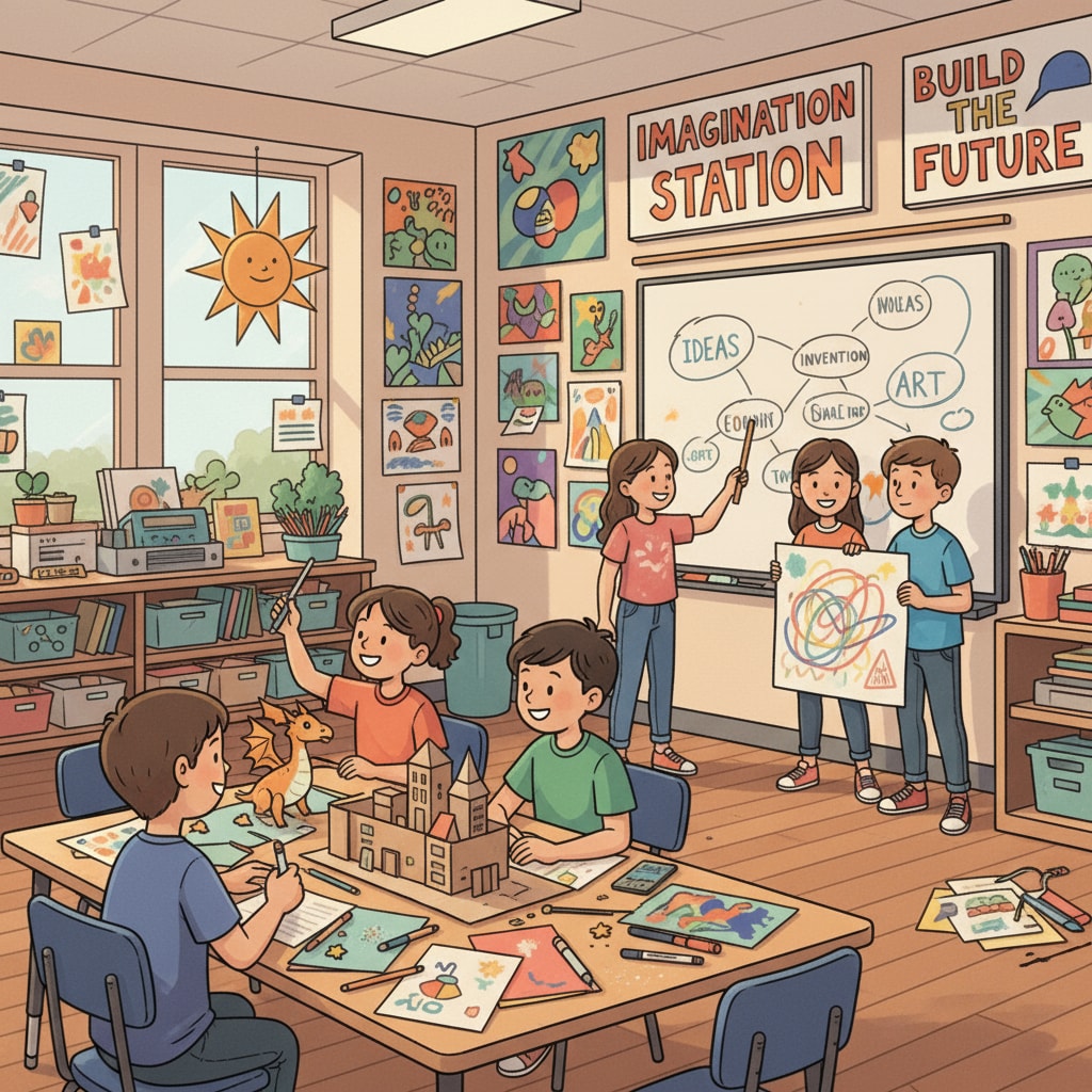 In a classroom, students are actively involved in a creative project. Some are working in groups, while others are presenting their ideas. There are colorful posters and artworks on the walls, indicating a vibrant learning environment. Students engaged in a creative project as part of a creative course