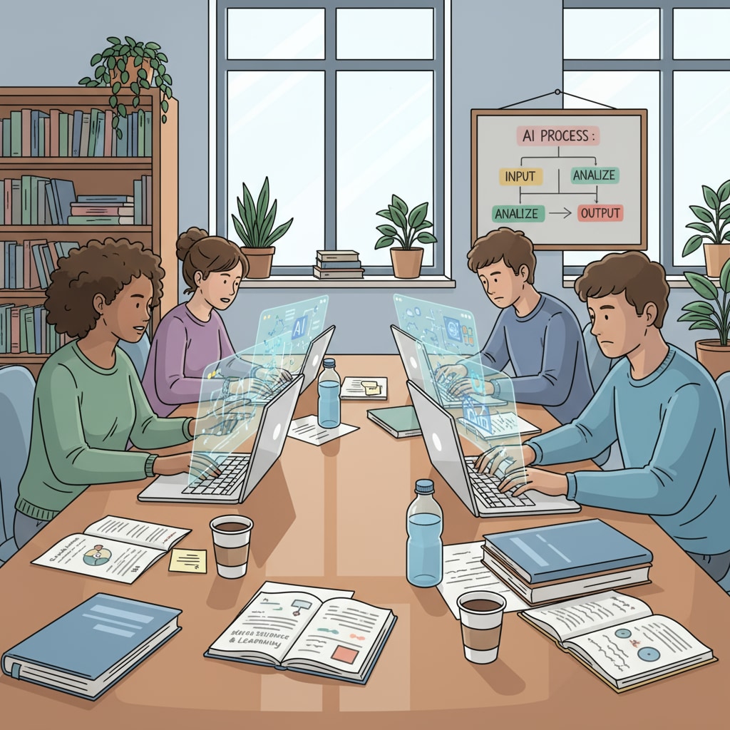 A group of students is shown using AI on their laptops in a study area, with open books and papers around them, indicating an academic setting. Students using AI in a study environment related to university responsibilities, false accusations, and AI use